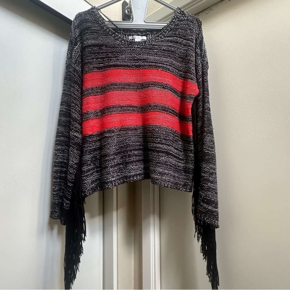Black and bright pink/red Striped Women's Sweater with fringe sleeves